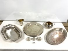 TWO HALLMARKED SILVER RIM SALTS AND POT, OVAL SILVER PLATED DRINKS TRAY, AND OTHER PLATED ITEMS.