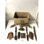 A QUANTITY OF CARVED WOODEN TRIBAL FIGURES AND ANIMALS ETC.