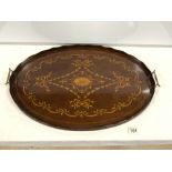 EDWARDIAN OVAL MARQUETRY INLAID MAHOGANY DRINKS TRAY, WITH BRASS HANDLES.