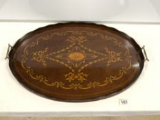 EDWARDIAN OVAL MARQUETRY INLAID MAHOGANY DRINKS TRAY, WITH BRASS HANDLES.