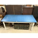 A BLUE FORMICA TOPPED KITCHEN TABLE ON A PAINTED BASE AND SQUARE LEGS.176 X 76.