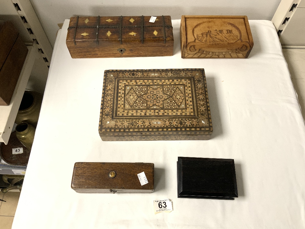 A PARQUETRY INLAID BOX, SMALL EBONY TRINKET BOX, AND THREE OTHER BOXES. - Image 2 of 3