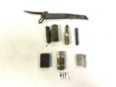 A ROGERS OF SHEFFIELD POCKET UTILITY KNIFE, TWO BULLET LIGHTERS AND FOUR OTHER LIGHTERS