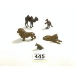 VINTAGE LEAD TOY ANIMALS - TWO LIONS AND CUB, KANGAROO, AND A CAMEL.