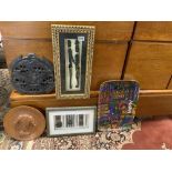 TWO CARVED TRIBAL PLAQUES, TWO FRAMED TRIBAL DISPLAYS, AND A DRINKS TRAY.