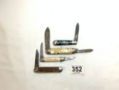 A VINTAGE BONE HANDLE POCKET KNIFE AND THREE OTHERS