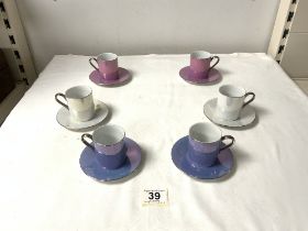 LSA SET SIX HAND PAINTED COFFEE CANS AND SAUCERS.