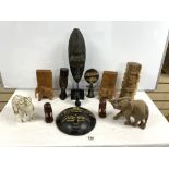 A TRIBAL CARVED WOODEN MASK, AND CARVED ANIMALS AND BUSTS.