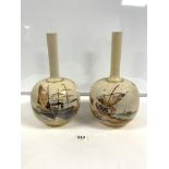 A PAIR OF JAPANESE SATSUMA BOTTLE VASES WITH STEAM AND SAILING BOAT DECORATION; 36 CMS