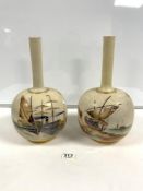 A PAIR OF JAPANESE SATSUMA BOTTLE VASES WITH STEAM AND SAILING BOAT DECORATION; 36 CMS