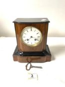 A LATE VICTORIAN MAHOGANY AND EBONISED MANTEL CLOCK, WITH ENAMEL DIAL . 20 X 20.