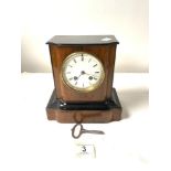 A LATE VICTORIAN MAHOGANY AND EBONISED MANTEL CLOCK, WITH ENAMEL DIAL . 20 X 20.