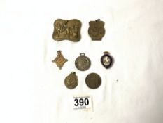MIXED MEDALS AND MEDALLIONS FOR POLICE, FOOTBALL ETC AND A BRASS BUCKLE