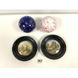 TWO COLOURED GLASS BALLS, AND TWO PRATTWARE POT LIDS IN FRAMES.