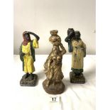 ANTIQUE COLD PAINTED CAST IRON FIGURE OF A LADY WATER CARRIER, 24 CMS, AND A PAIR OF PAINTED SPELTER