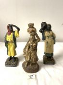 ANTIQUE COLD PAINTED CAST IRON FIGURE OF A LADY WATER CARRIER, 24 CMS, AND A PAIR OF PAINTED SPELTER