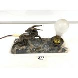 A FRENCH ART DECO SPELTER DEER TABLE LAMP ON MARBLE BASE.