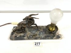 A FRENCH ART DECO SPELTER DEER TABLE LAMP ON MARBLE BASE.