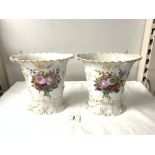 A PAIR OF PARIS PORCELAIN HAND PAINTED FLORAL VASES [A/F], 21 CMS.