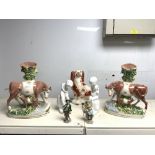 A PAIR OF VICTORIAN STAFFORDSHIRE COW AND CALVE GROUPS [A/F] 28CMS, STAFFORDSHIRE DOG, TWO WHITE