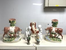 A PAIR OF VICTORIAN STAFFORDSHIRE COW AND CALVE GROUPS [A/F] 28CMS, STAFFORDSHIRE DOG, TWO WHITE