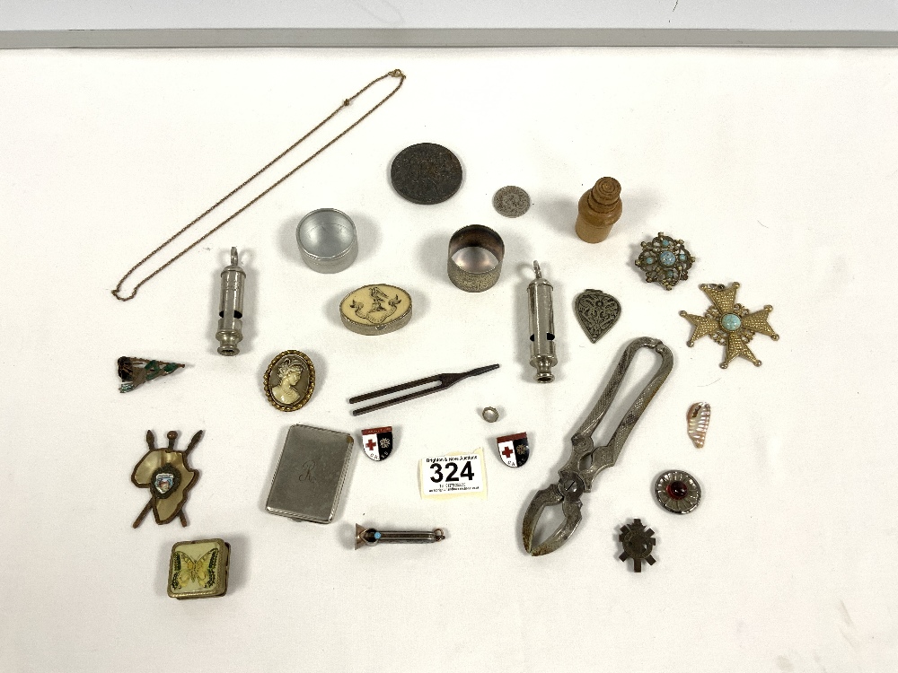 A LUSITANIA MEDALLION, SCOUT MASTERS WHISTLE, NUT CRACKERS, TAPE MEASURE, BADGES ETC.