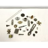 A LUSITANIA MEDALLION, SCOUT MASTERS WHISTLE, NUT CRACKERS, TAPE MEASURE, BADGES ETC.