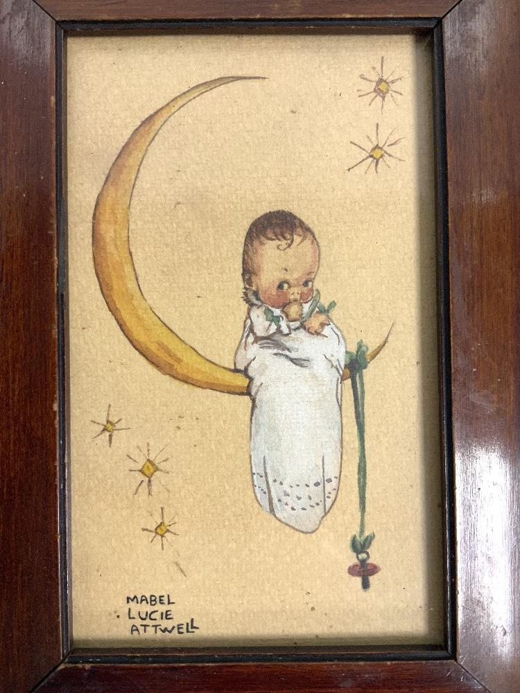 MABEL LUCIE ATTWELL WATERCOLOUR - BABY ON CRESCENT MOON. SIGNED, 8 X 13. - Image 2 of 3