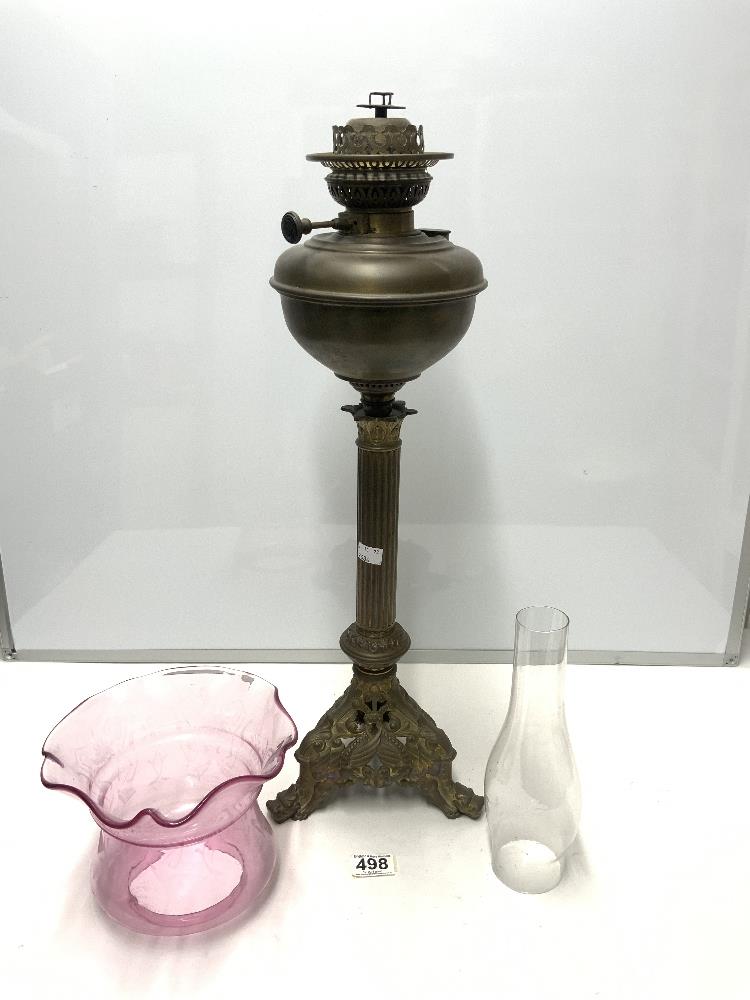 VINTAGE COLUMN SHAPED OIL LAMP MADE FROM BRASS WITH PINK SHADE - Image 2 of 6