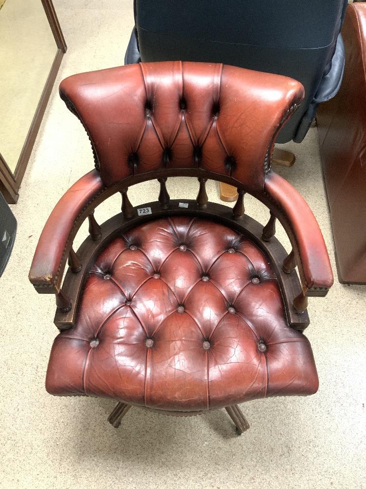 VINTAGE CAPTAINS CHAIR WITH SWIVEL ACTION AND ORIGINAL CASTORS OX BLOOD RED LEATHER - Image 3 of 4