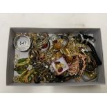A QUANTITY OF HARDSTONE SET COSTUME JEWELLERY, SWEET HEART BADGE, LADIES WATCHES AND MORE.