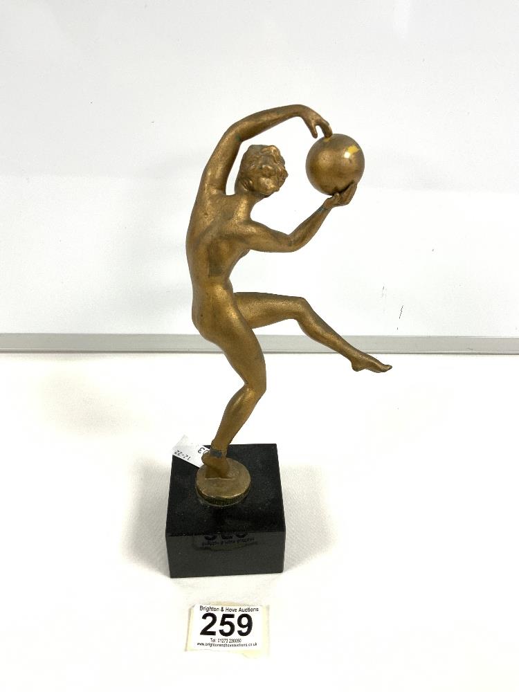 ART DECO GILT SPELTER FIGURE OF NUDE BALL GIRL, SIGNED BRIAND; [MARCEL BOURAINE BRIAND] 20 CMS [AF] - Image 2 of 3