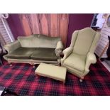 VINTAGE TWO SEATER SOFA IN CRUSHED VELVET WITH MATCHING WINGBACK CHAIR AND A BERESFORD AND HICKS