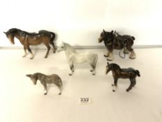 THREE BESWICK HORSES, A DONKEY, AND A SHIRE HORSE.