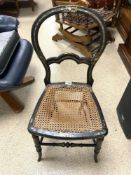 EARLY 19TH CENTURY EBONISED GILT MOTHER OF PEARL AND CANE CHAIR A/F