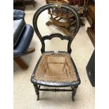 EARLY 19TH CENTURY EBONISED GILT MOTHER OF PEARL AND CANE CHAIR A/F