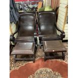 A PAIR OF INDONESIAN HARDWOOD SLEIGH SCROLL ARMCHAIRS WITH A PAIR OF MATCHING STOOLS.