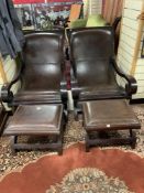 A PAIR OF INDONESIAN HARDWOOD SLEIGH SCROLL ARMCHAIRS WITH A PAIR OF MATCHING STOOLS.