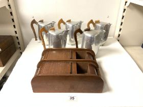 FIVE 1960s PICQUOT WARE WATER JUGS, AND A TAMBOR WOODEN CABINET.