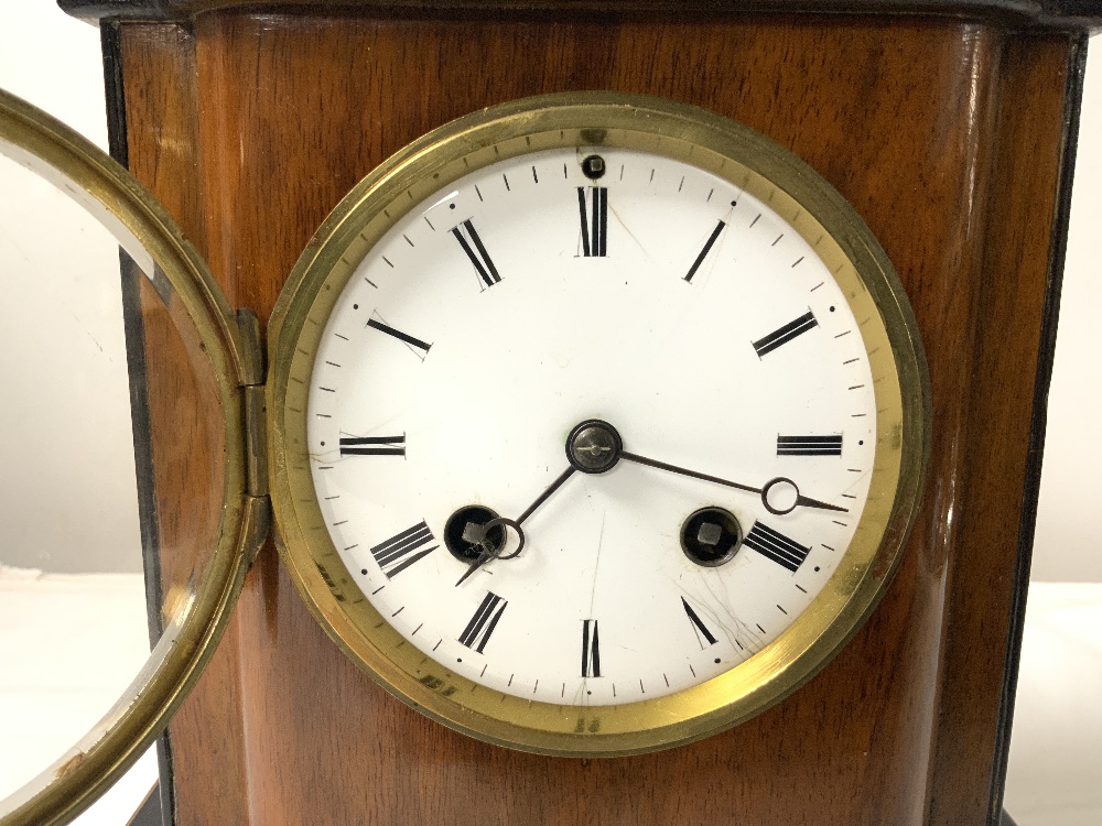 A LATE VICTORIAN MAHOGANY AND EBONISED MANTEL CLOCK, WITH ENAMEL DIAL . 20 X 20. - Image 2 of 5