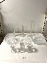 THREE FINISH GLASS CANDLESTICKS, TWO MOULDED GLASS BOWLS, ETC.