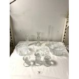 THREE FINISH GLASS CANDLESTICKS, TWO MOULDED GLASS BOWLS, ETC.