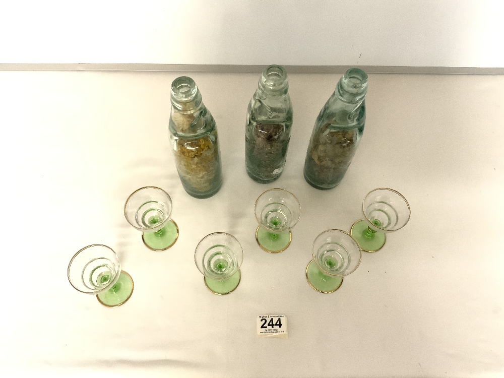 A SET OF SIX SHERRY GLASSES AND THREE VINTAGE GLASS COD BOTTLES. - Image 2 of 3