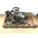 ANTIQUE PEWTER TANKARDS, TWO PEWTER CADDIES, TIN MOULDS ETC.