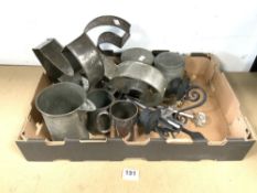 ANTIQUE PEWTER TANKARDS, TWO PEWTER CADDIES, TIN MOULDS ETC.