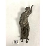 A LATE 19 CENTURY SILVERED METAL FIGURE OF LADY IN SHAWL; 22CMS.