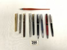 A SMALL SIZE SHEAFFER GOLD PLATED FOUNTAIN PEN, ANOTHER WITH 14K NIB, A 925 SILVER YARD O LED [AF]