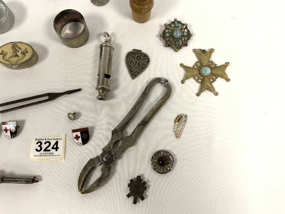 A LUSITANIA MEDALLION, SCOUT MASTERS WHISTLE, NUT CRACKERS, TAPE MEASURE, BADGES ETC. - Image 6 of 8