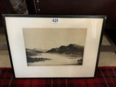 FRAMED AND GLAZED ETCHING OF A LAKE SCENE 51 X 38 CM