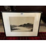 FRAMED AND GLAZED ETCHING OF A LAKE SCENE 51 X 38 CM